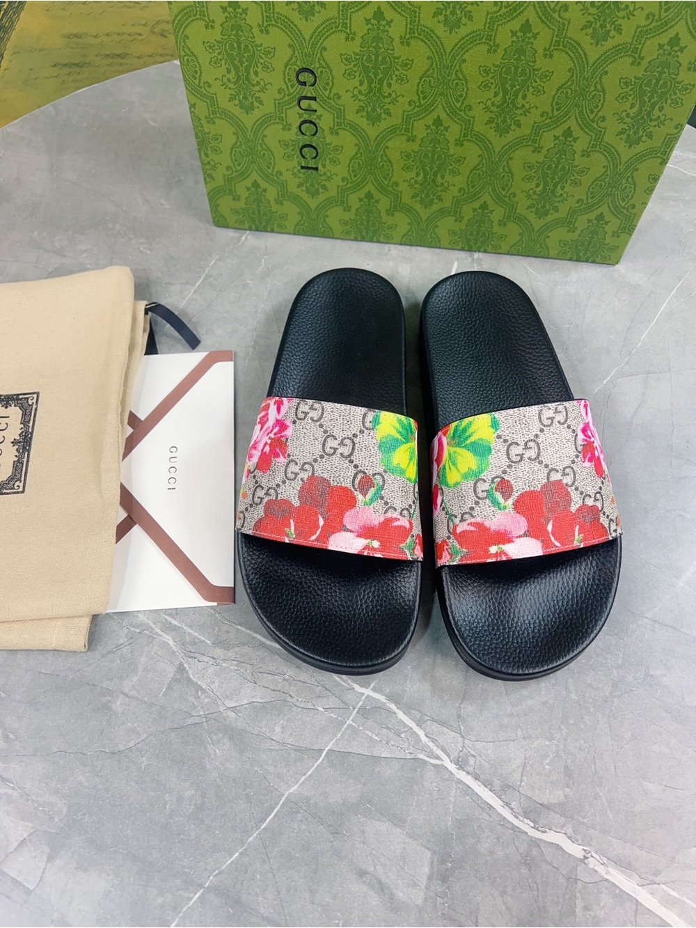 Gucci GG Floral Canvas Slide Sandals in Black, Red, Pink, Green, Yellow